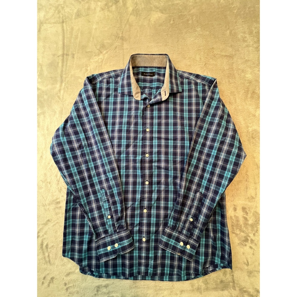 Ziggurat Button Down Shirt Mens L estimated Blue Plaid Long Sleeve Casual Cotton
